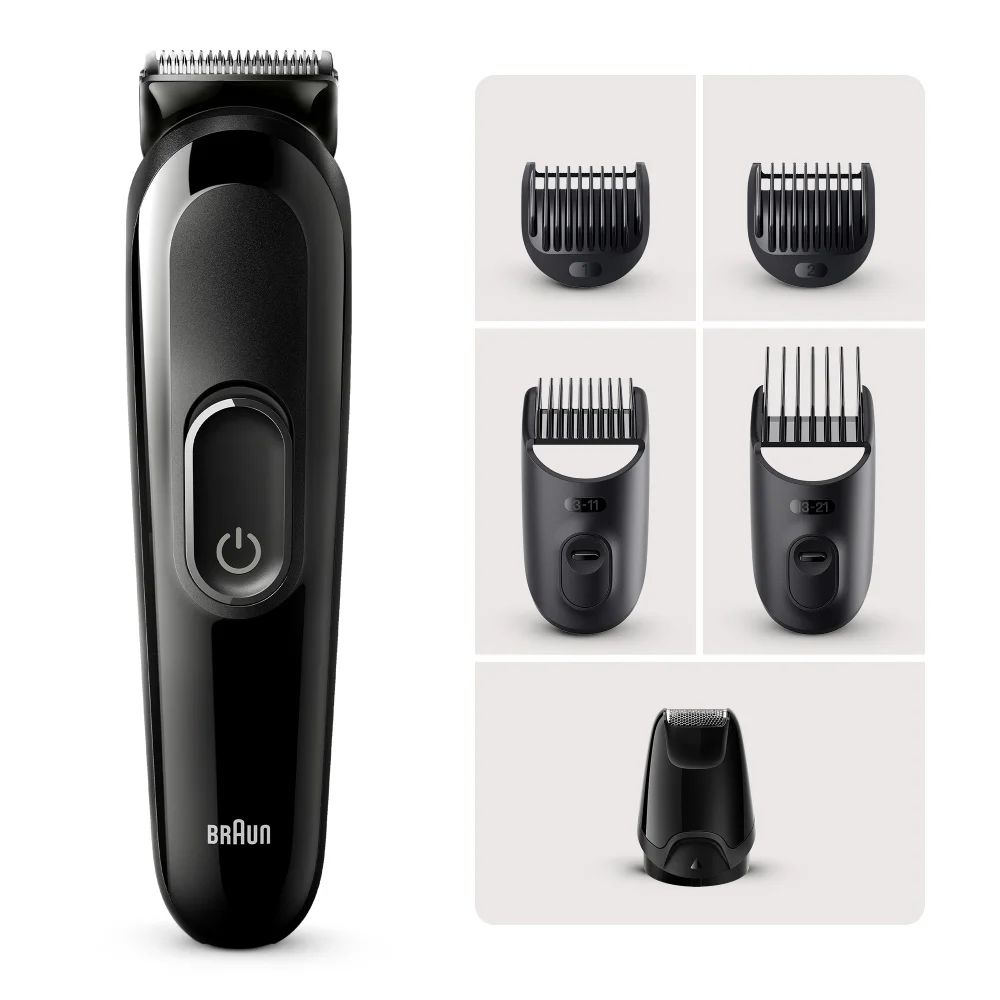Braun multi-groomer with various comb attachments and shaving head.