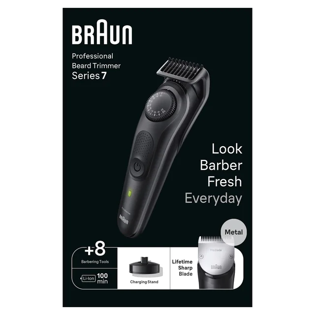 Braun Professional Beard Trimmer Series 7 with 8 barbering tools and lifetime sharp blade.