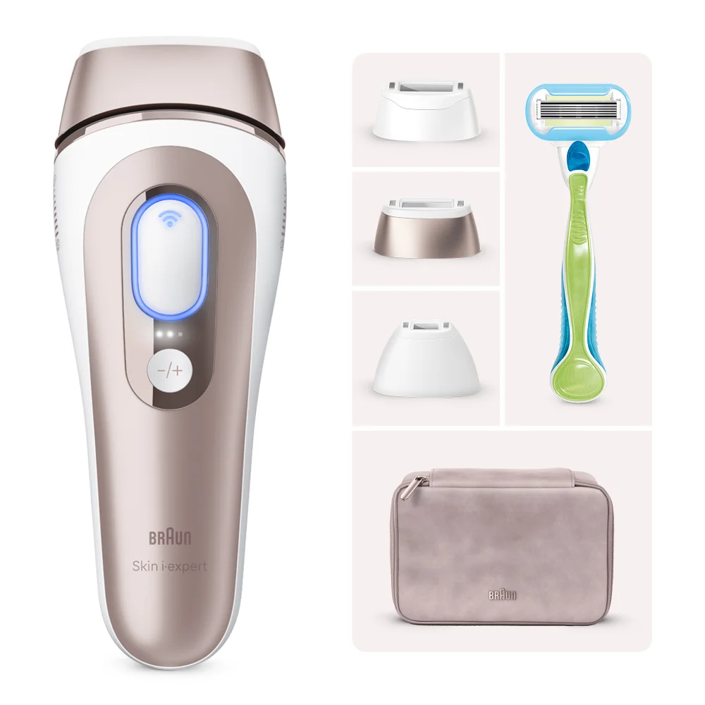 Braun Skin i-expert IPL device with precision heads, Gillette Venus razor, and storage pouch.