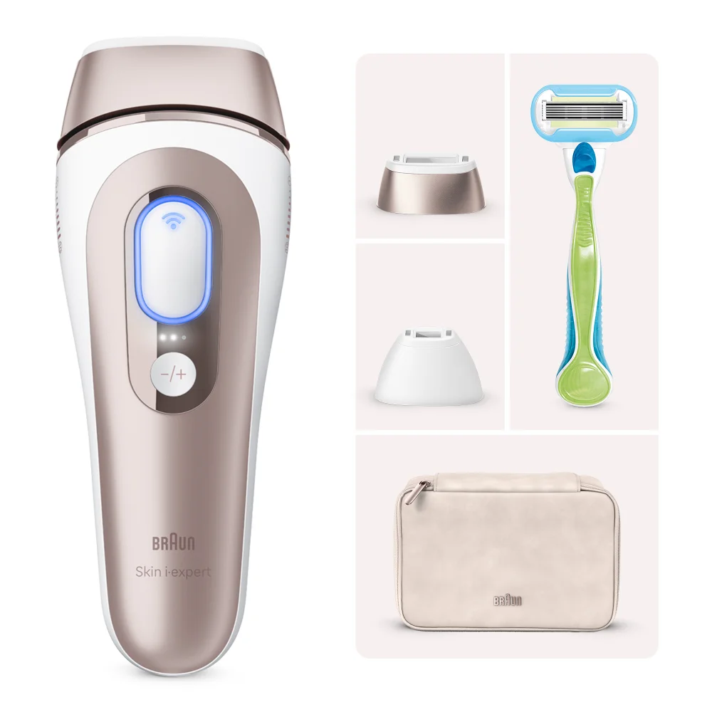Braun Skin i-expert with precision caps, Gillette Venus razor, and travel pouch.