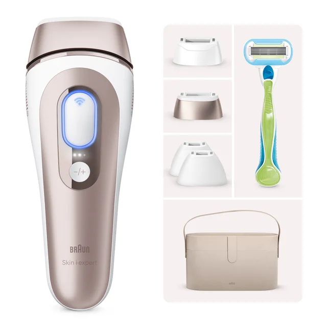 Braun Skin i-expert IPL device with various attachments, razor, and travel case.