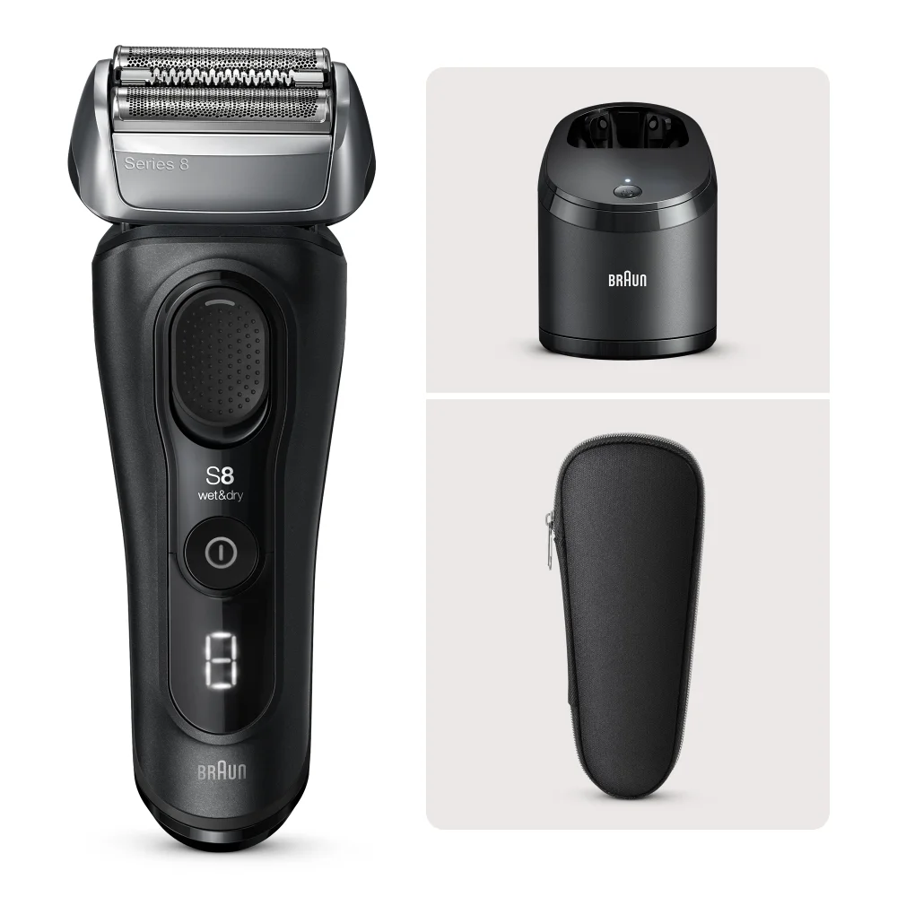 Braun Series 8 wet&dry shaver with charging station and travel case.