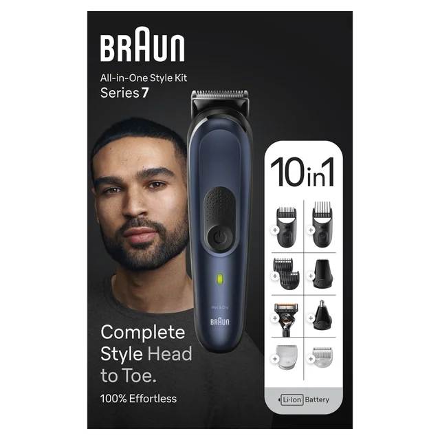 Braun All-in-One Style Kit Series 7, showcasing its 10-in-1 styling attachments.