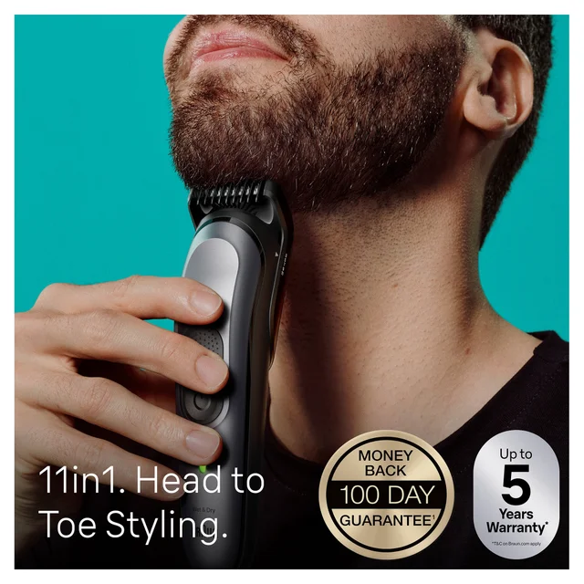 Braun trimmer in use on a beard, highlighting '11in1. Head to Toe Styling' versatility.