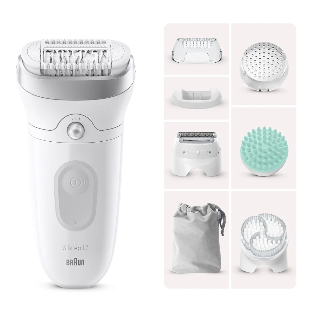 Braun Silk-épil 7 epilator with various interchangeable heads and accessories.