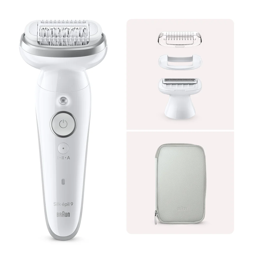 Braun Silk-épil 9 epilator with multiple attachment heads and a travel pouch.