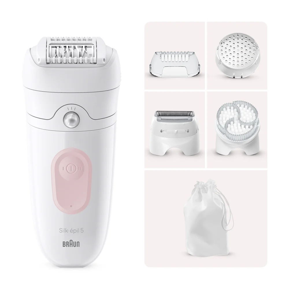 Braun Silk-épil 5 epilator with shaver, trimmer, exfoliator heads, and storage pouch.