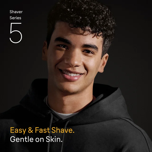 Braun Series 5 shaver promises an easy, fast shave that is gentle on the skin, as shown by a smiling man.