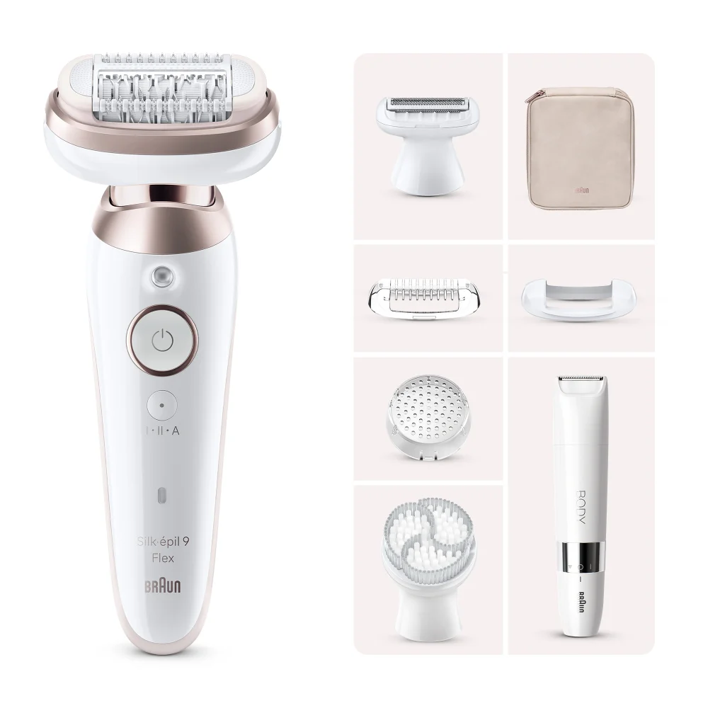 Braun Silk-épil 9 Flex epilator with shaver head, body trimmer, and multiple attachments.