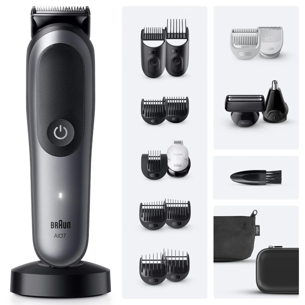 Braun AIO7 All-in-One trimmer with its full suite of combs, attachments, and travel accessories.