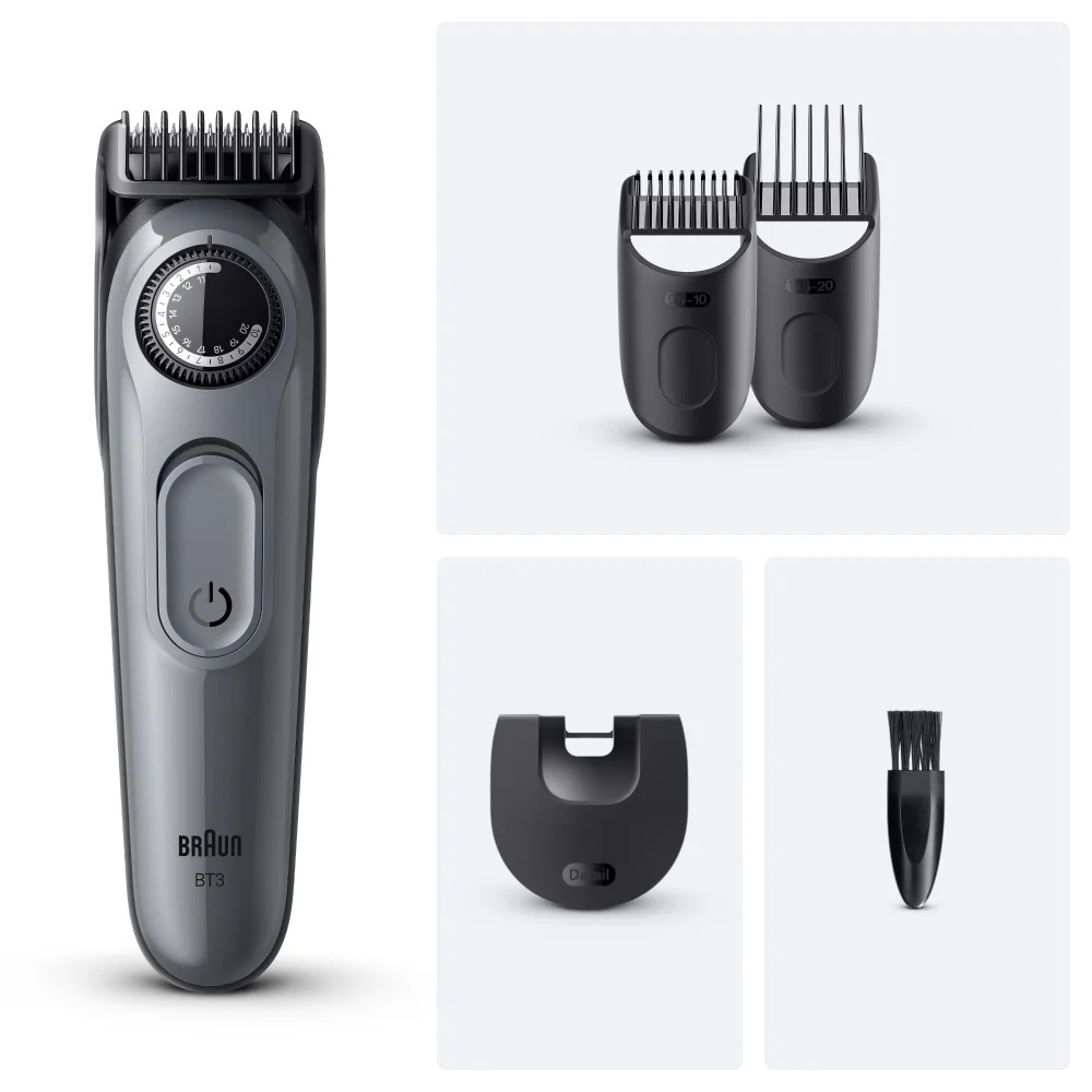 Braun BT3 trimmer with adjustable precision dial and included trimming combs.