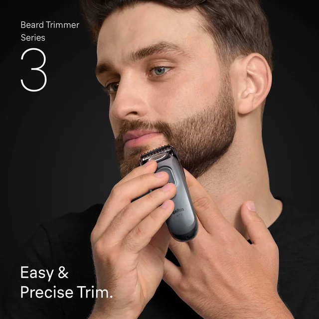 Braun Series 3 Beard Trimmer in use, showing easy & precise trim.