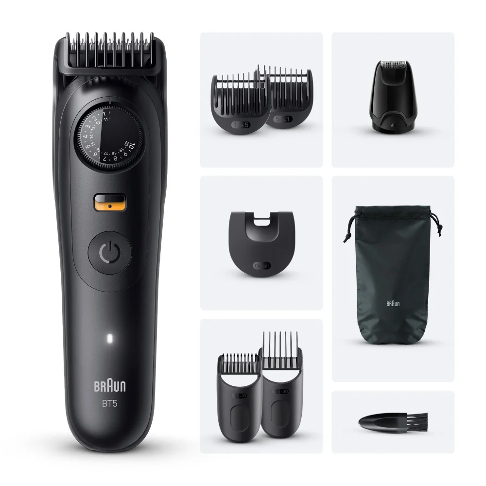 Braun BT5 beard trimmer with multiple styling combs, detail trimmer, cleaning brush and pouch.