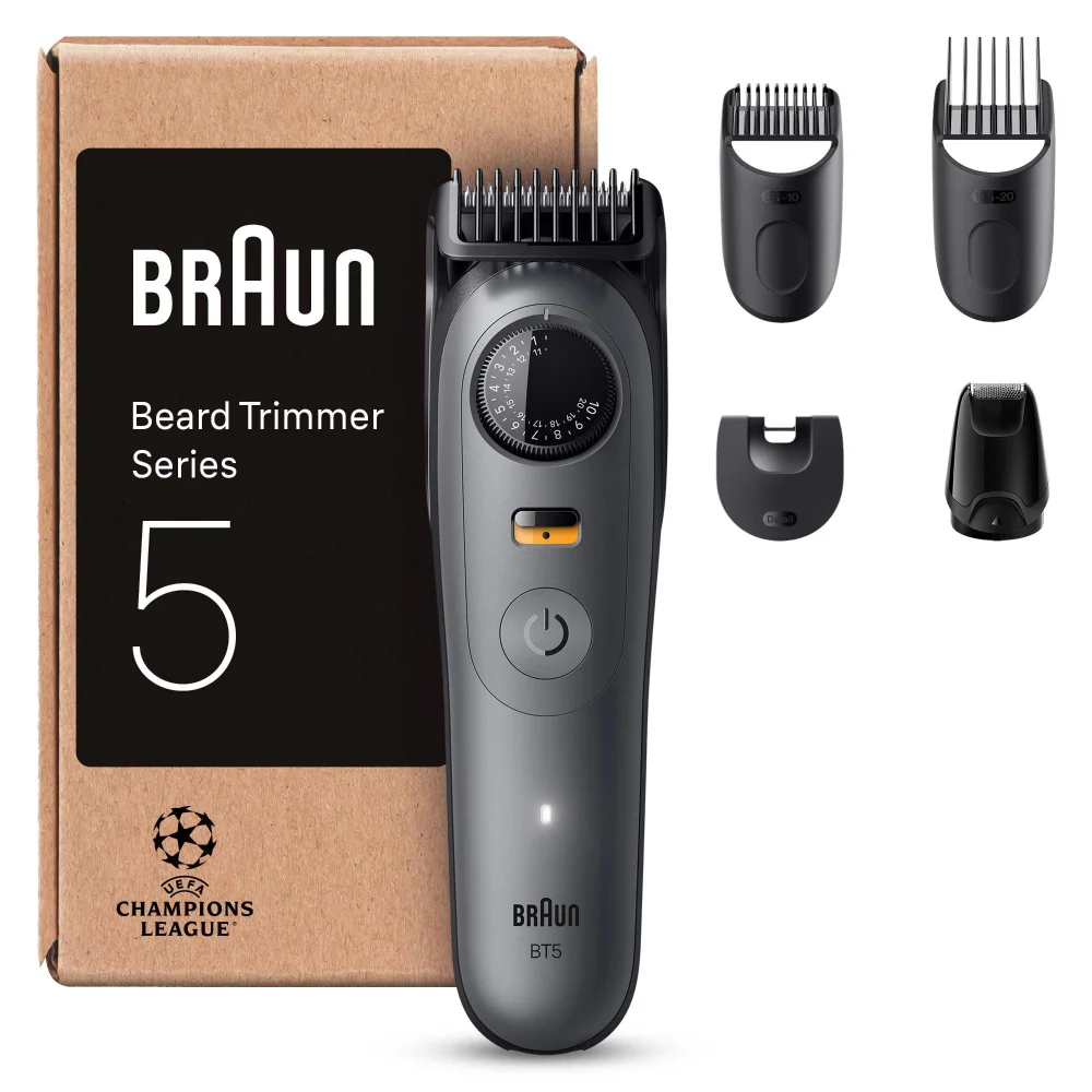 Braun Beard Trimmer Series 5 and packaging, including 4 versatile trimming attachments.