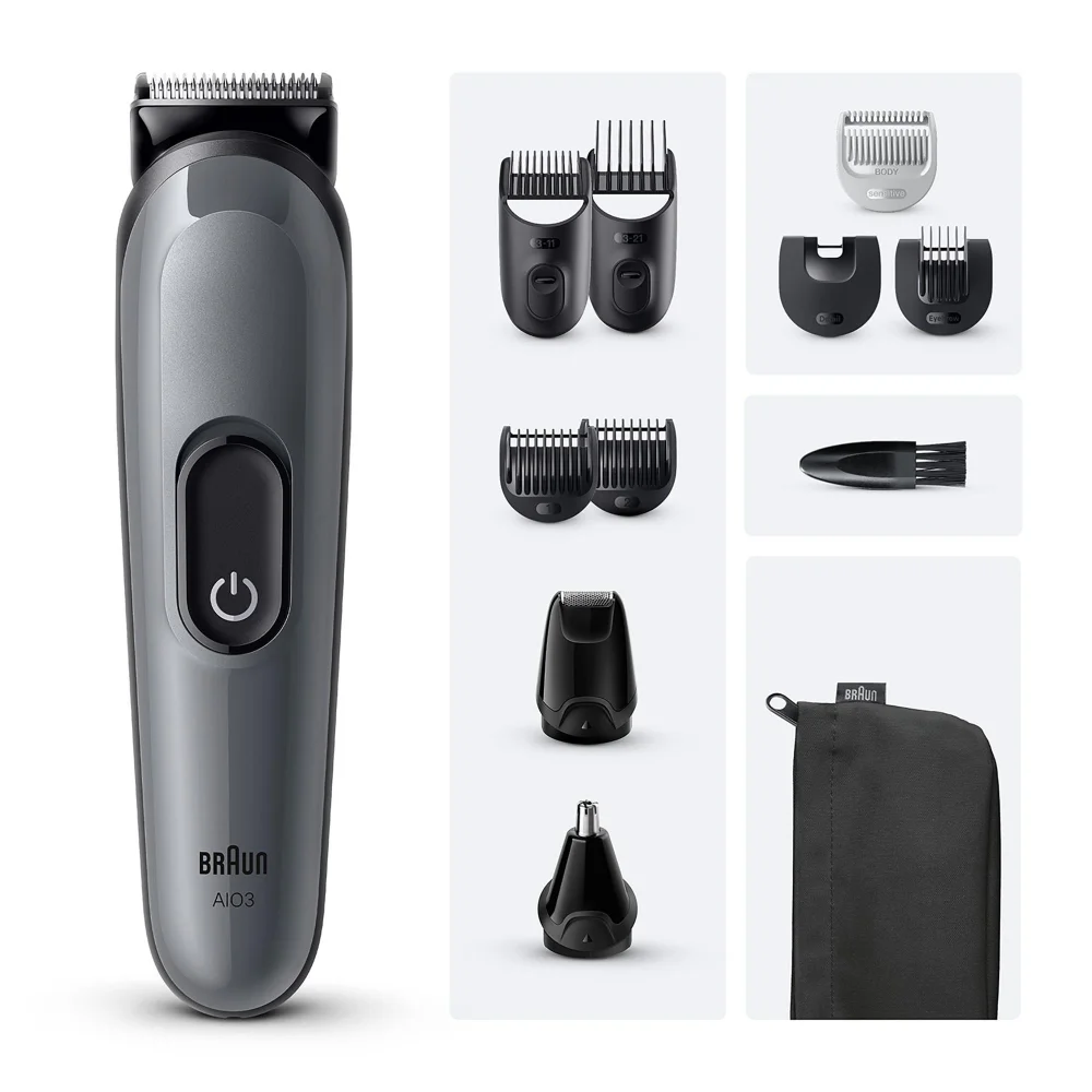 Braun AI03 trimmer shown with various grooming attachments and a storage pouch.