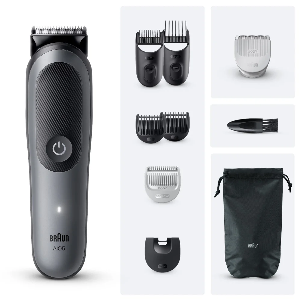 Braun AIO5 multi-grooming kit, showcasing all included styling attachments and travel pouch.