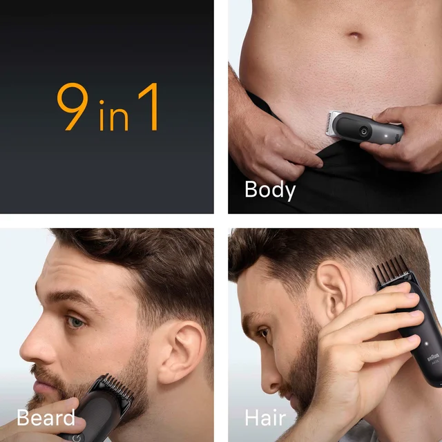 Braun trimmer used for beard, body, and hair, highlighting its 9-in-1 versatility.