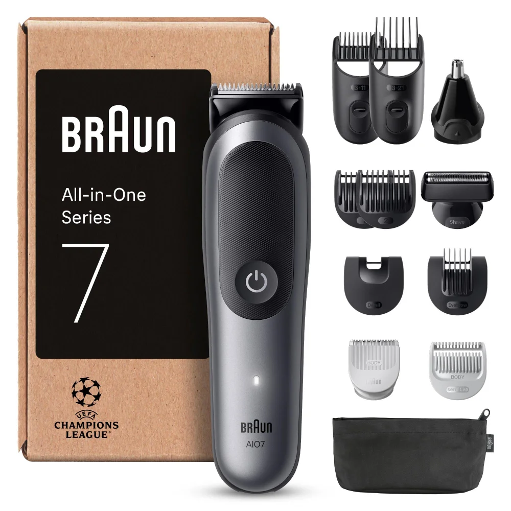 Braun All-in-One Series 7 shaver, box, and multiple precision grooming attachments.