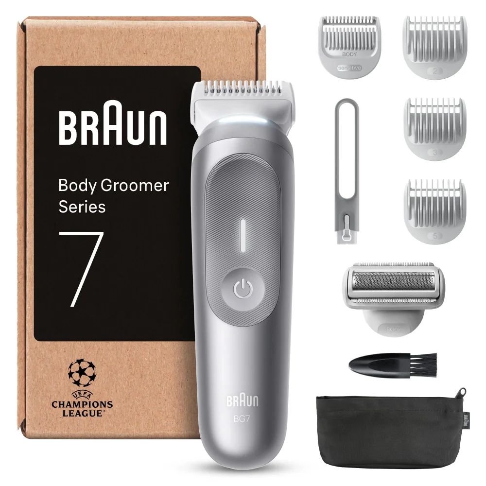 Braun Body Groomer Series 7 with retail box and various grooming attachments.