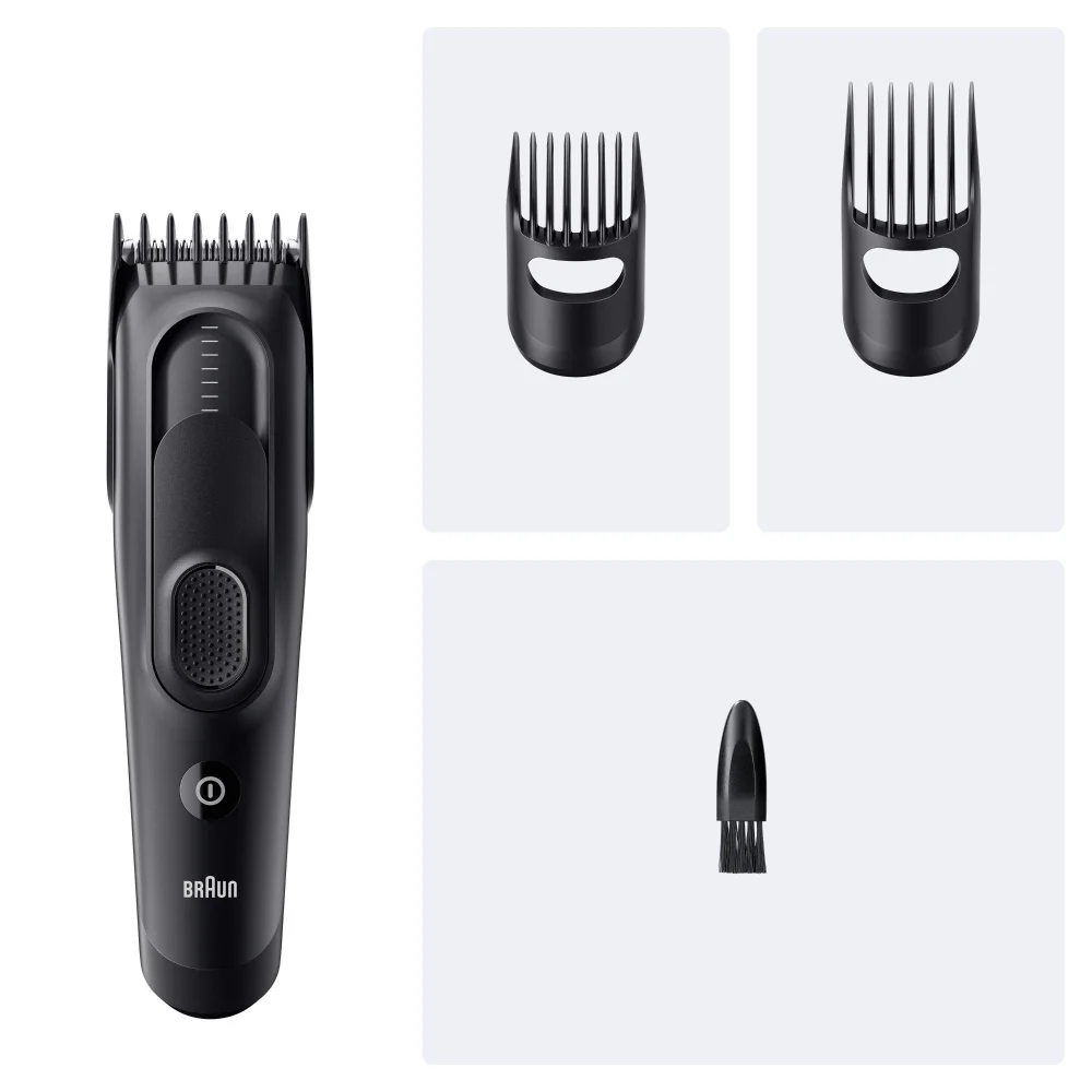Braun trimmer with two styling comb attachments and a cleaning brush.