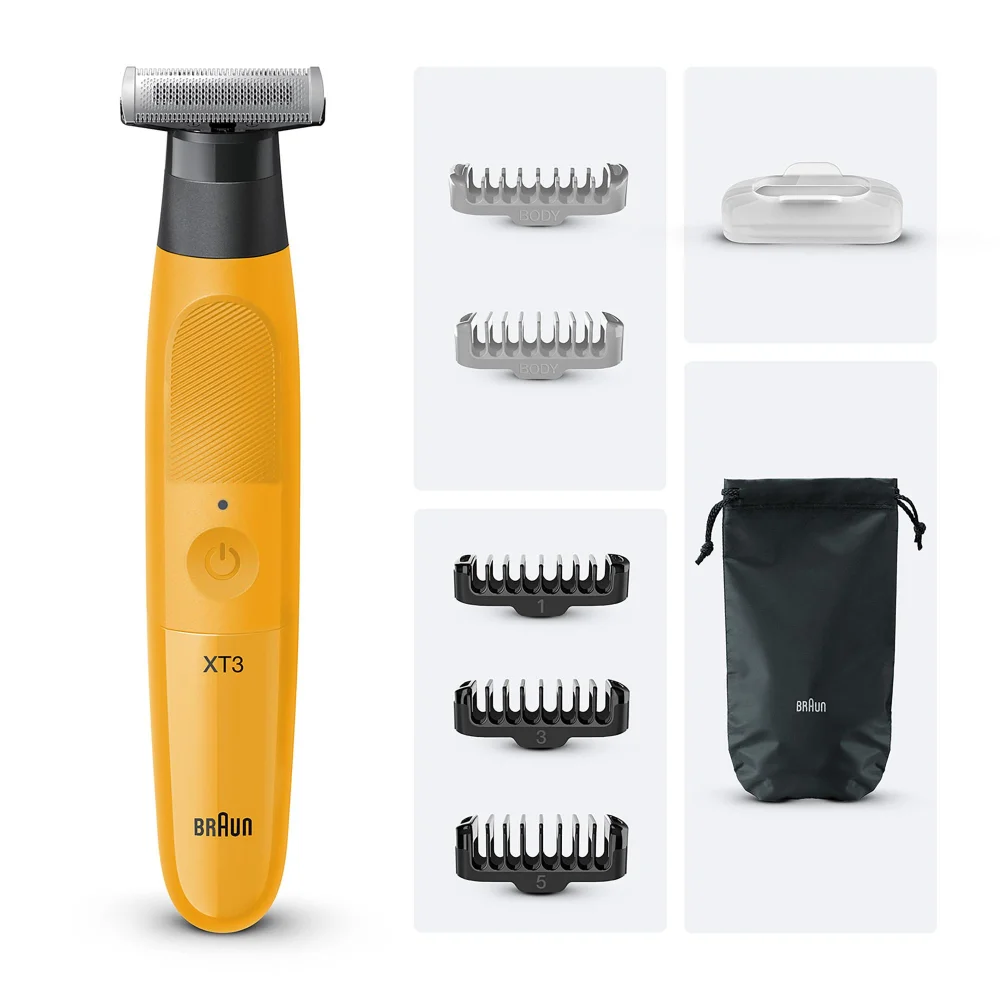 Braun XT3 shaver with various body & facial trimming combs, blade guard, and travel pouch.