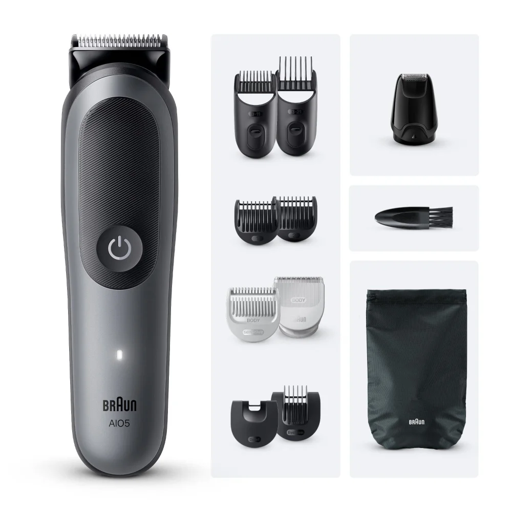 Braun AI05 trimmer with various comb attachments, cleaning brush, and storage pouch.