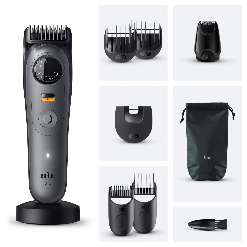 Braun BT5 beard trimmer with charging stand and full set of grooming attachments.