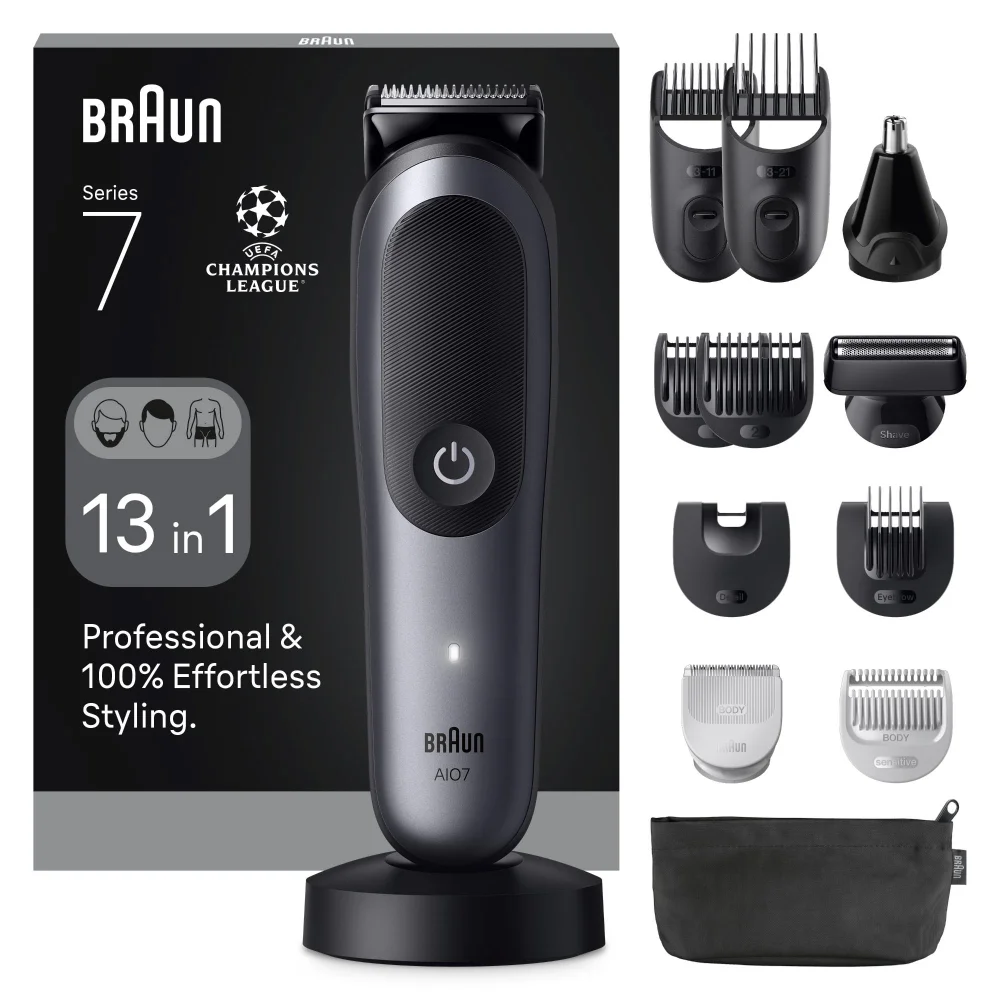 Braun Series 7 AI07 and accessories, highlighting its '13 in 1' styling versatility.
