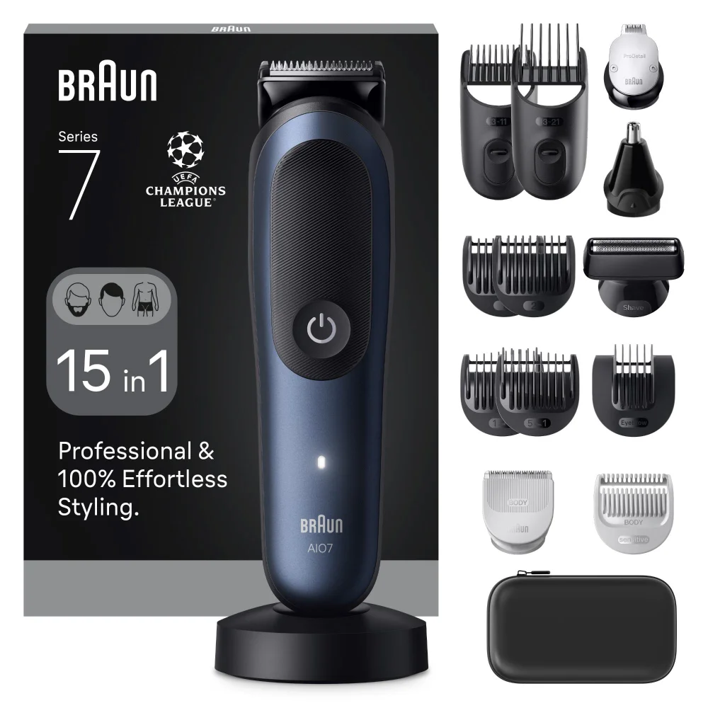 Braun Series 7 trimmer packaging with the device and all 15-in-1 styling attachments.