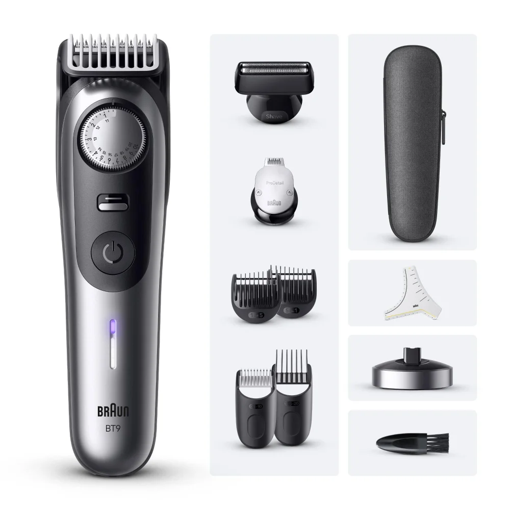 Braun BT9 beard trimmer with precision dial and full set of grooming accessories.