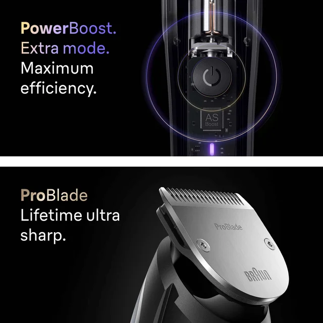 Braun's PowerBoost for maximum efficiency and ProBlade for lifetime ultra-sharp cutting.