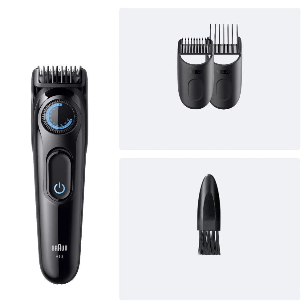 Braun BT3 trimmer and two comb attachments for varied length settings.