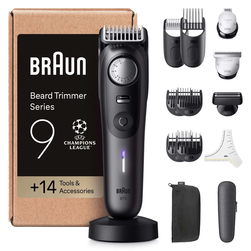 Braun Beard Trimmer Series 9 with its retail box, showcasing the +14 Tools & Accessories.