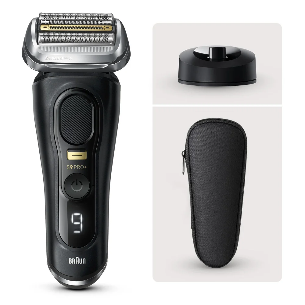 Braun Series 9 Pro+ electric shaver with charging stand and travel case.