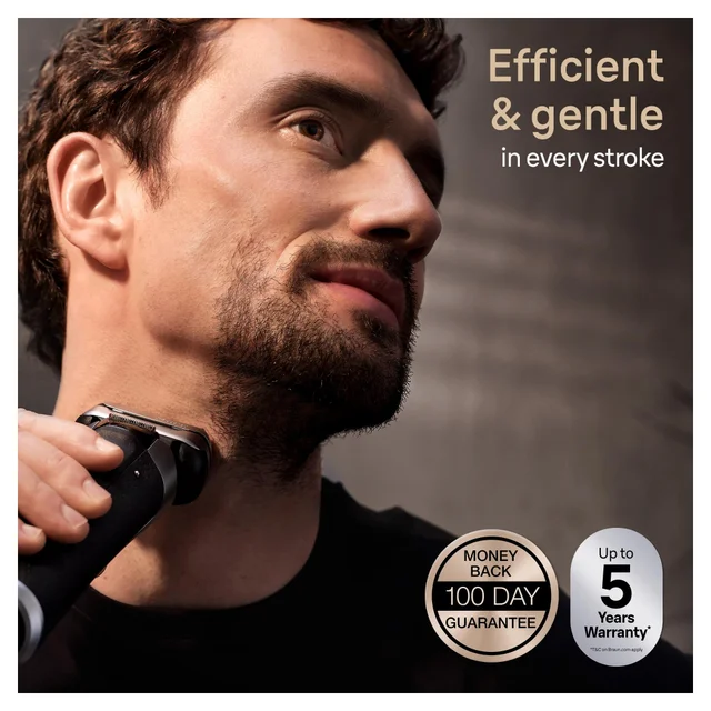 Braun shaver used by man, emphasising 'Efficient & gentle in every stroke'.