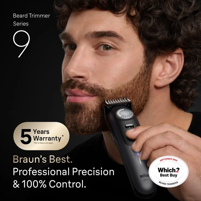 Braun Beard Trimmer Series 9, highlighting 5-year warranty & Which? Best Buy award.