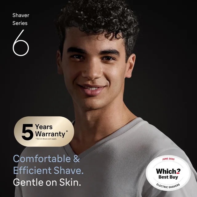 Smiling man highlights Braun Series 6 shaver's 'Which? Best Buy' award and 5-year warranty.