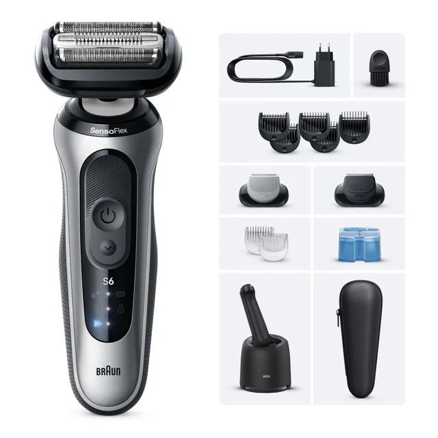 Braun Series 6 Electric Shaver with SensoFlex head and full grooming kit accessories.