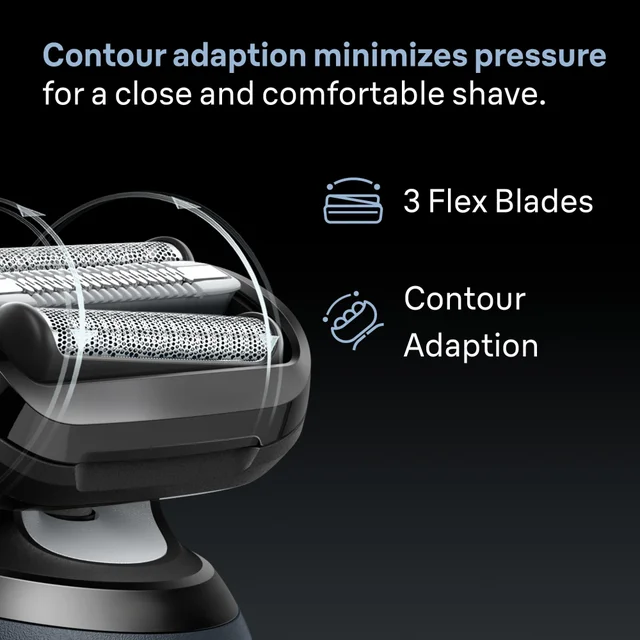 Braun shaver head showcasing 3 Flex Blades and contour adaption for a close, comfortable shave.
