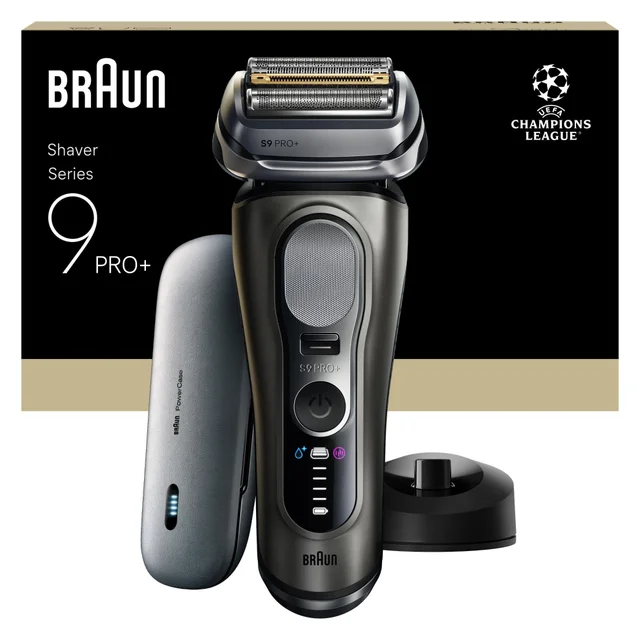 Braun Series 9 Pro+ Shaver, PowerCase, and charging stand, Champions League edition.
