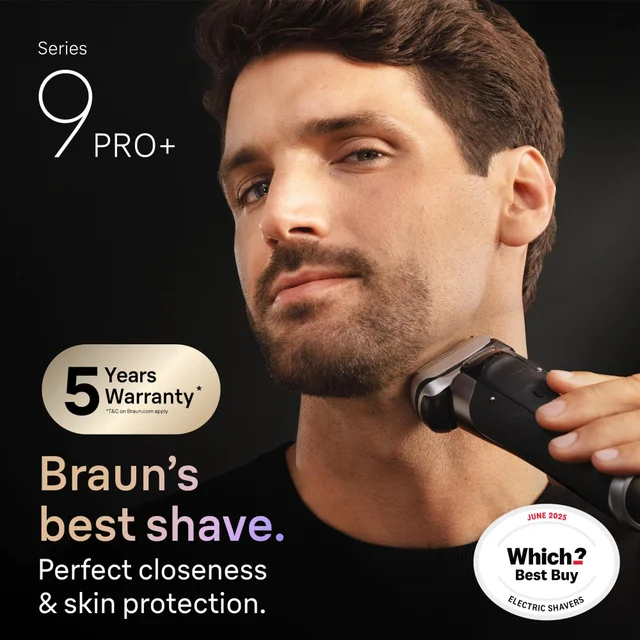 Braun Series 9 PRO+ electric shaver, highlighting perfect closeness & skin protection.