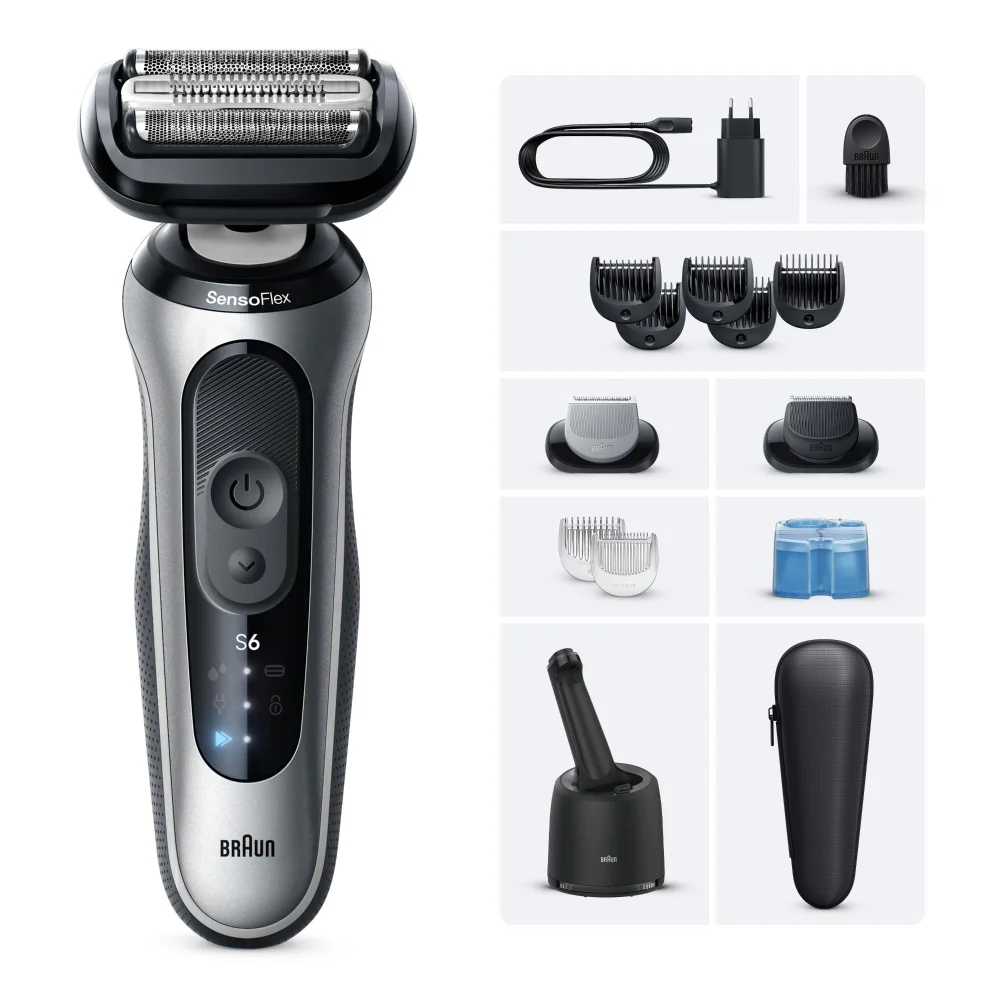 Braun Series 6 SensoFlex electric shaver with all included grooming attachments and accessories.