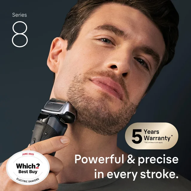 Braun Series 8 Electric Shaver, highlighting 'Which? Best Buy' award & 5-year warranty.