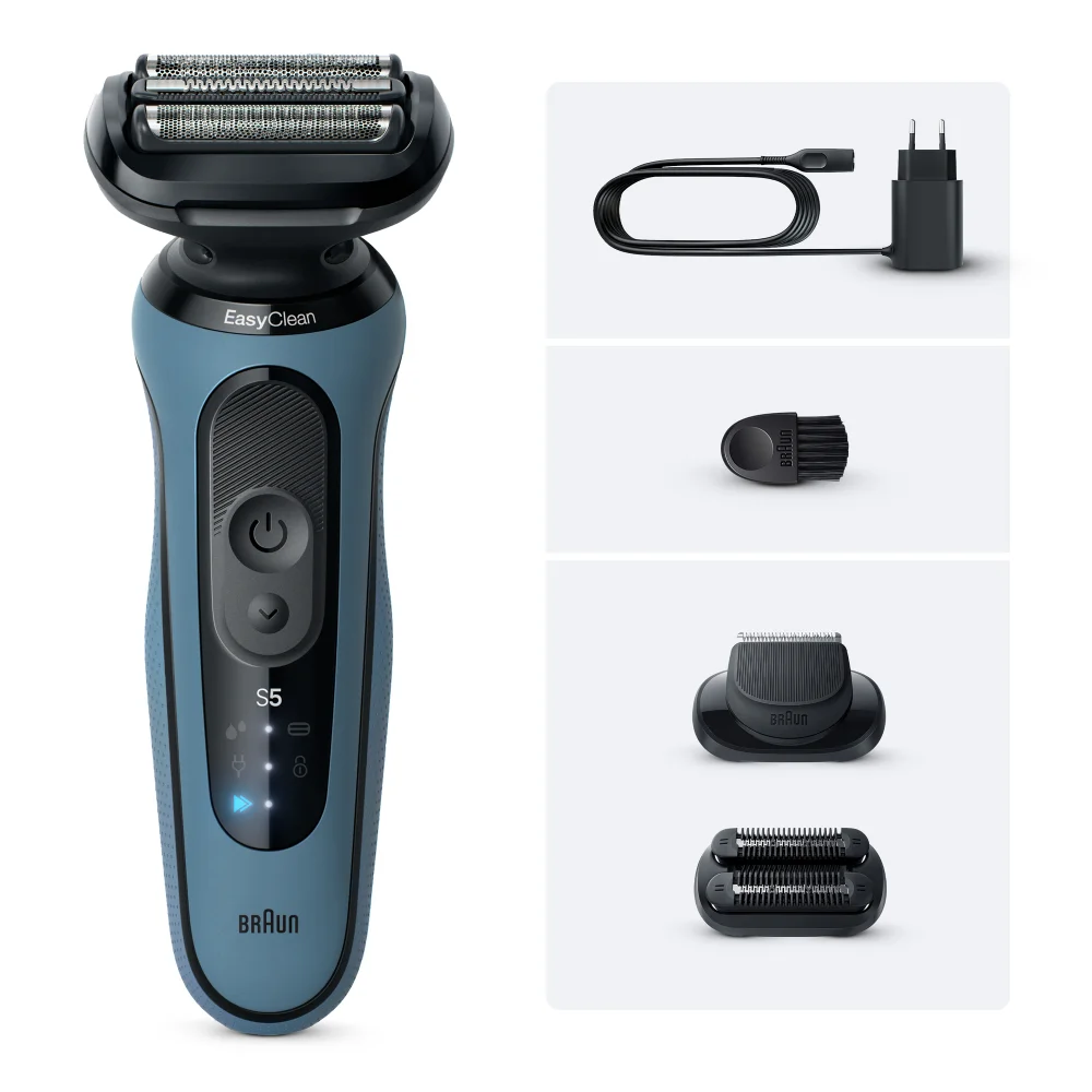 Braun Series 5 EasyClean electric shaver, charger, cleaning brush, and two trimmer attachments.