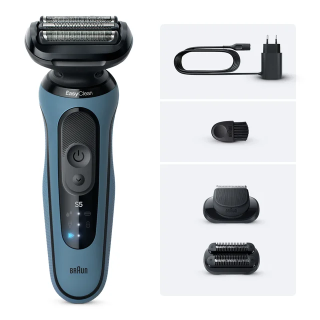 Braun Series 5 EasyClean electric shaver, charger, cleaning brush, and two trimmer attachments.