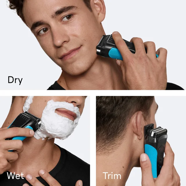 Man using Braun shaver for dry, wet, and trimming, showcasing its versatility.