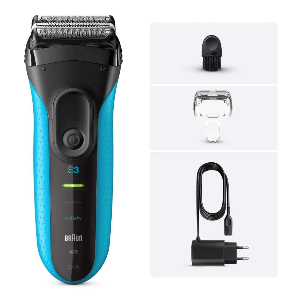 Braun Series 3 3010s wet&dry electric shaver shown with its included accessories.