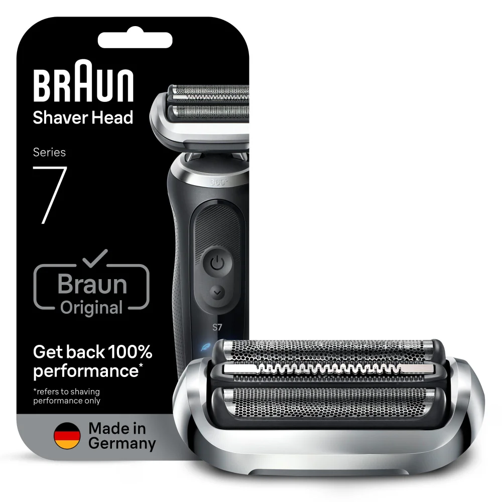 Braun Series 7 Shaver Head packaging, highlighting 'Get back 100% performance'.