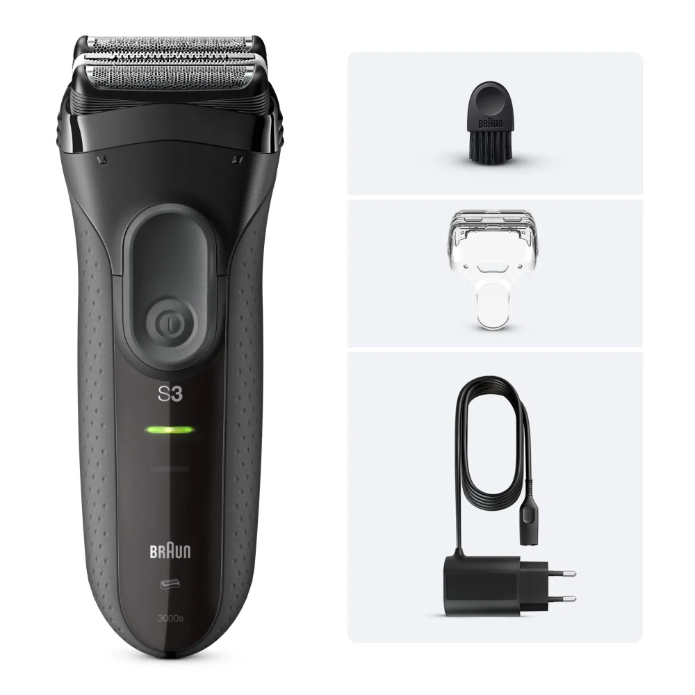 Braun Series 3000s shaver shown with its cleaning brush, shaver head, and charger.