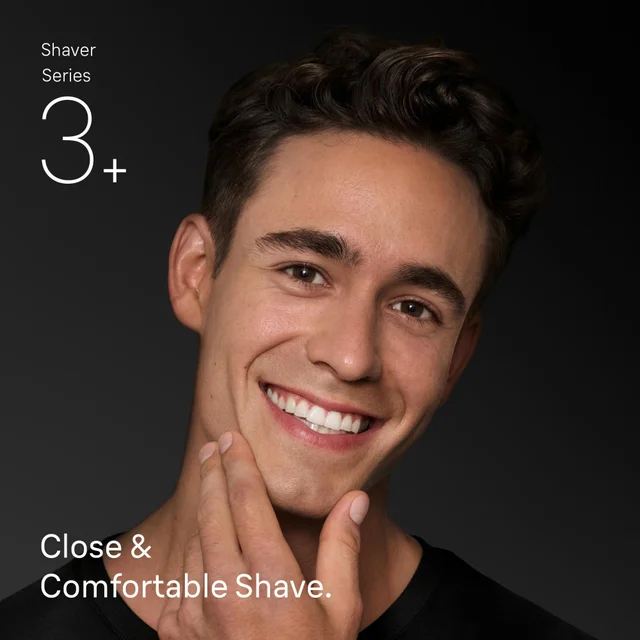 Smiling man with smooth face for Braun Shaver Series 3+, promoting close & comfortable shave.